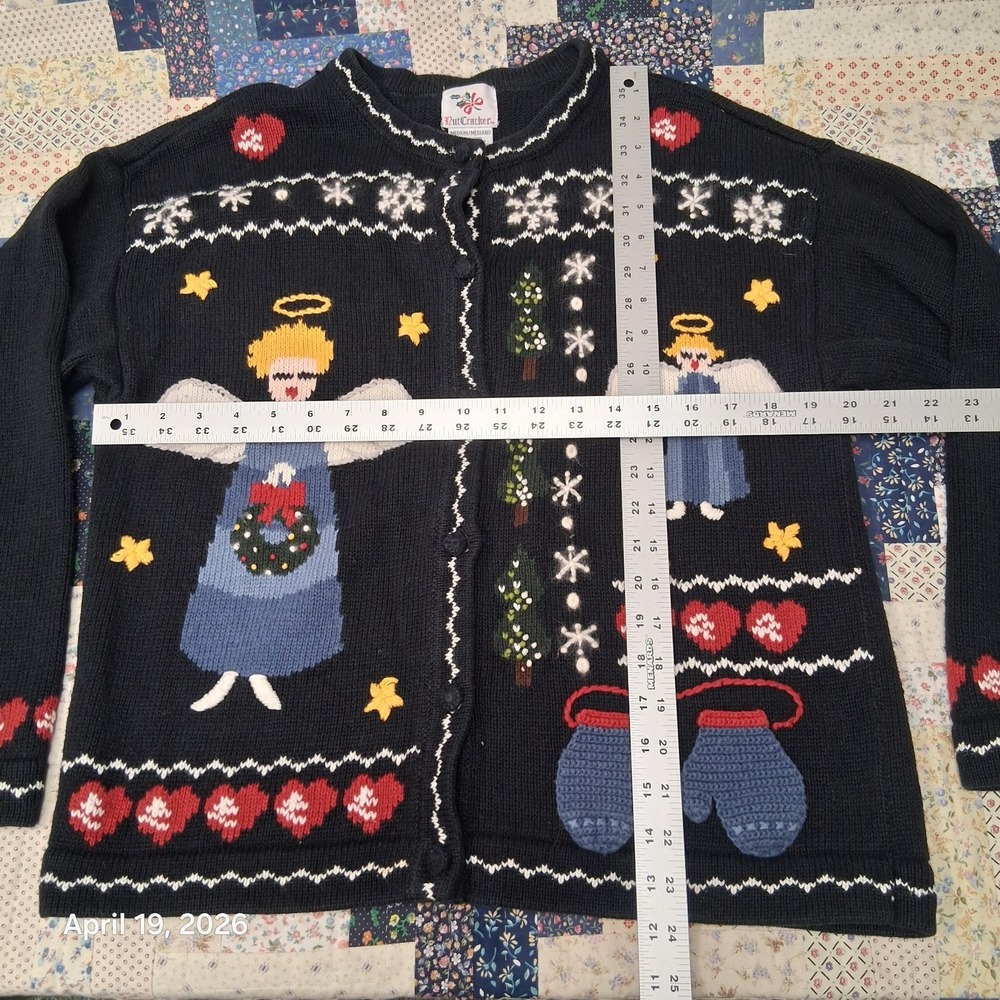 Vintage Nutcracker Grandmacore Angel Christmas Cardigan Sweater Medium Dark Navy - Picture 5 of 8
